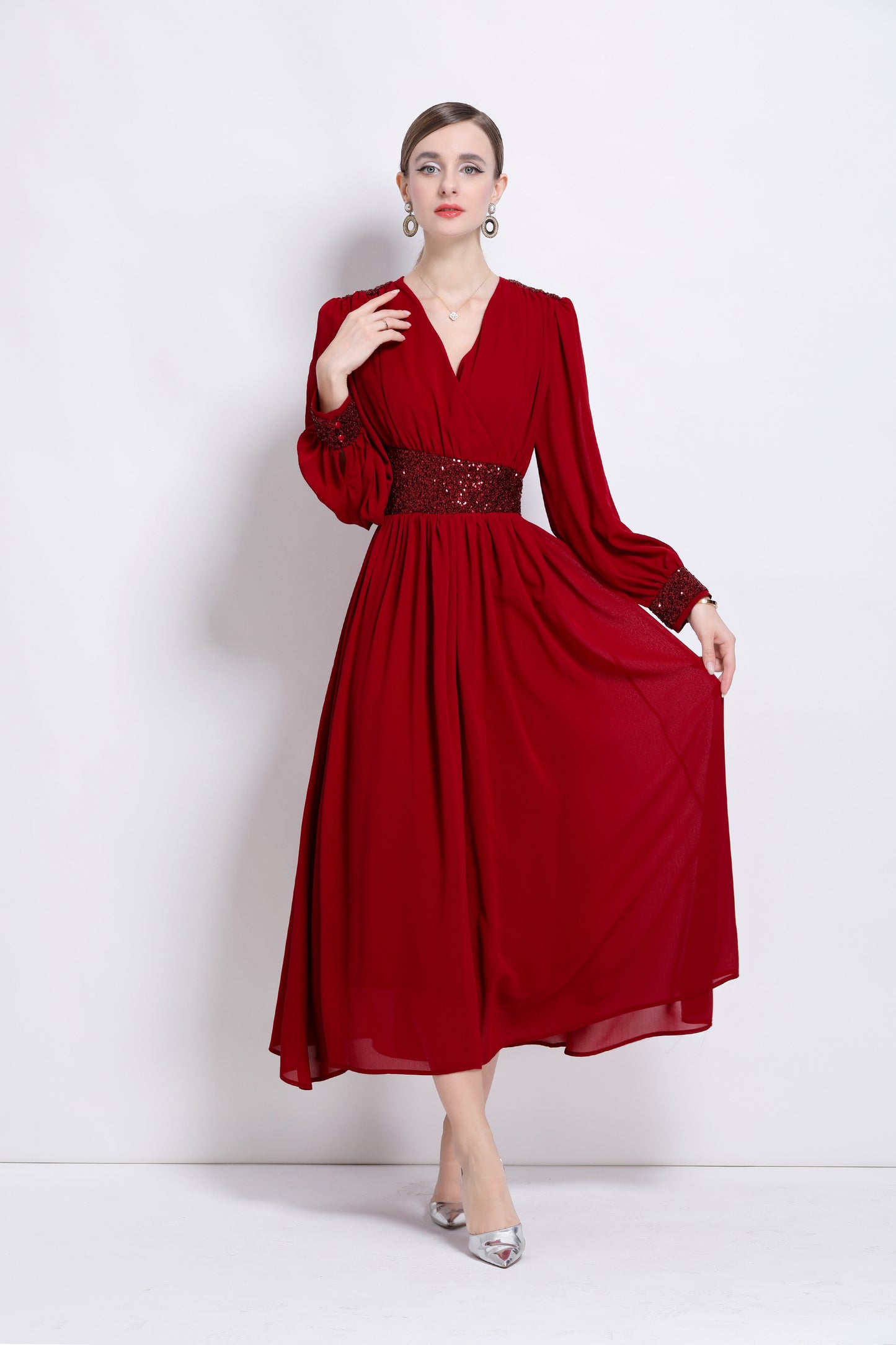 Women's Sequin V-Neck Chiffon Mixi Dresses