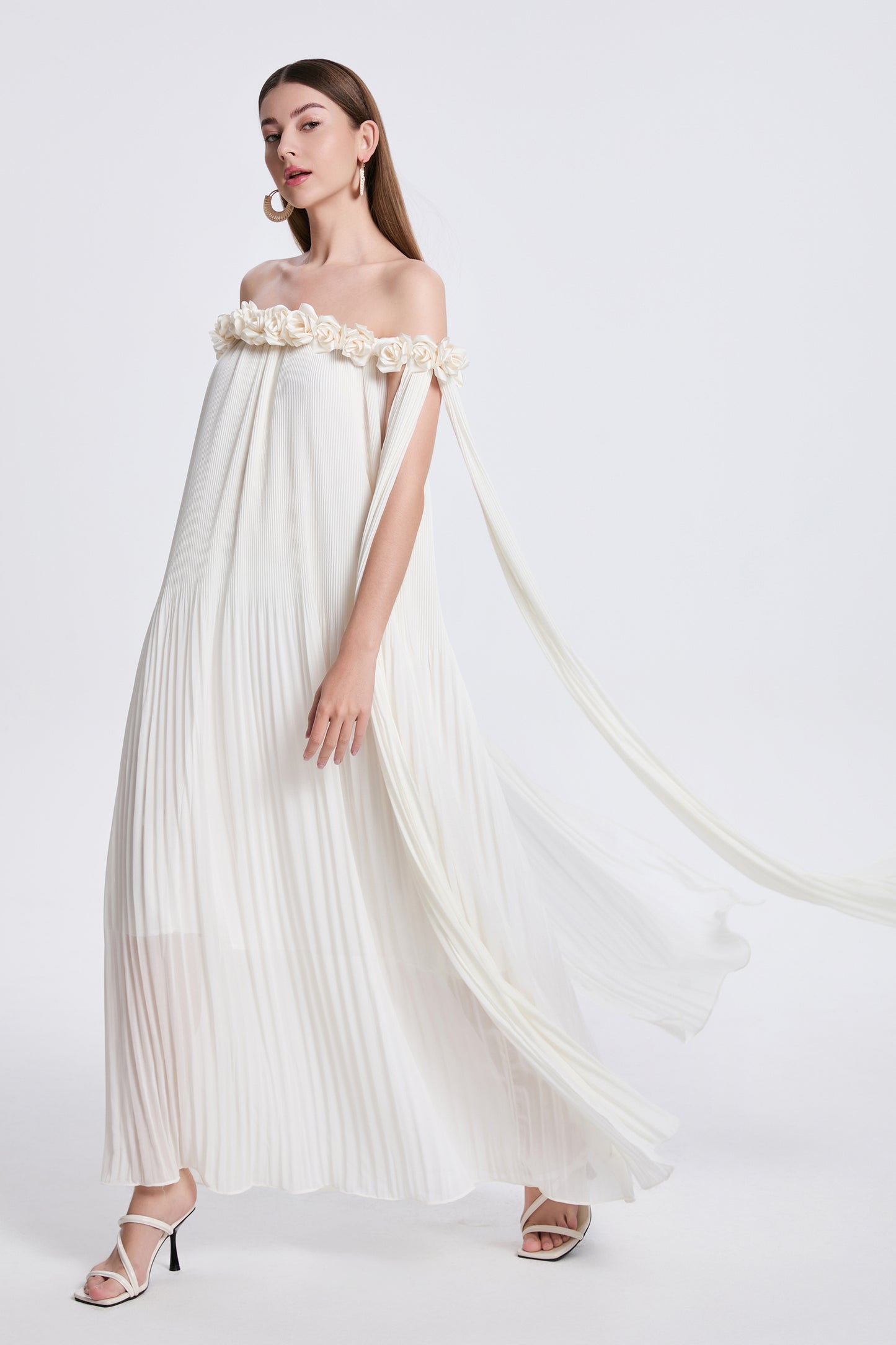 Women's Off Shoulder Chiffon 3D Floral Pleated Maxi Dress