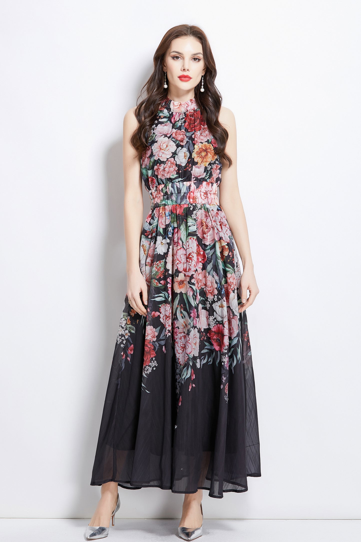 Women's Halter Neck Floral Elastic Waist Maxi Dress