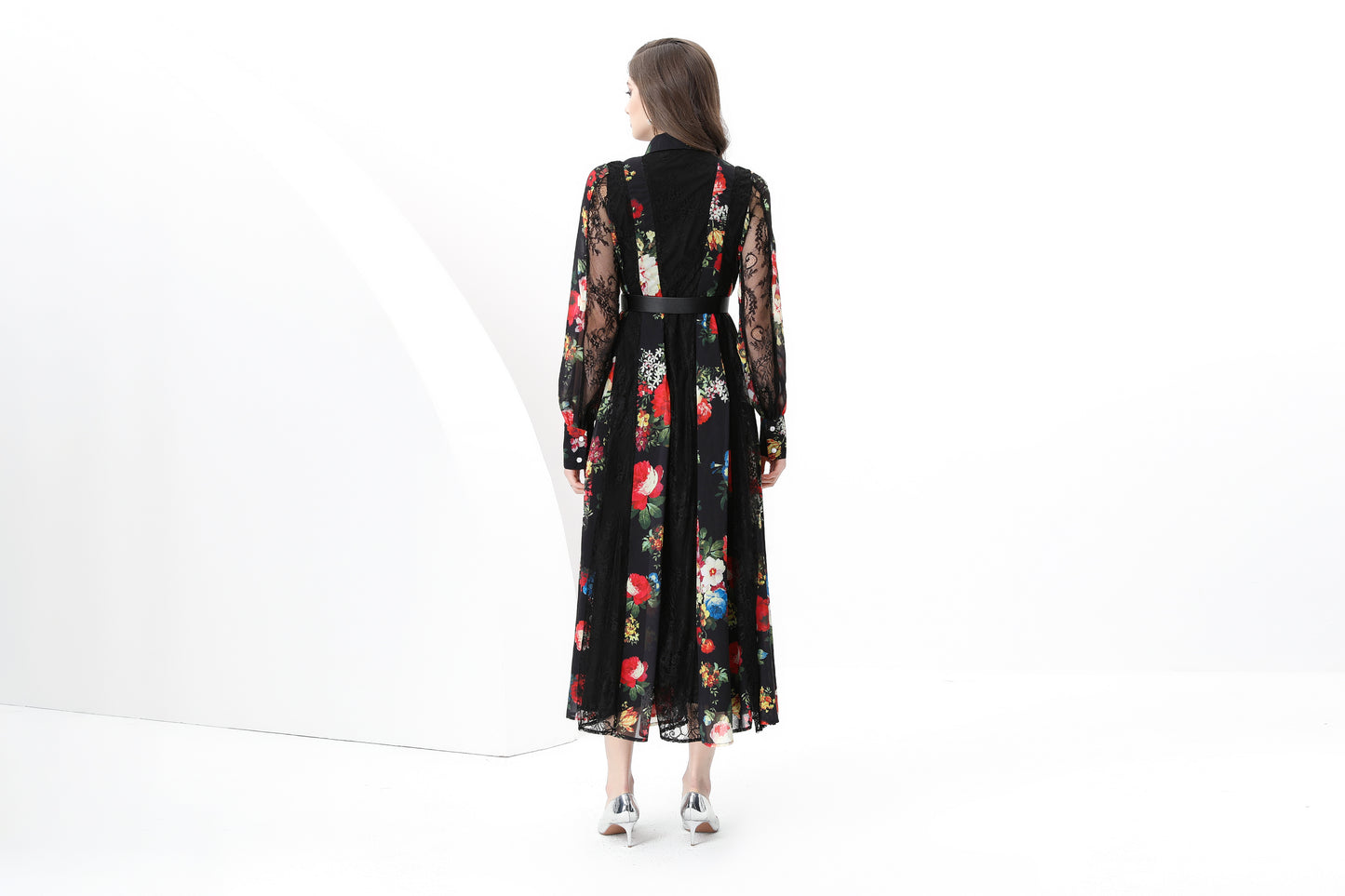 Women's Floral Print Lace Puff Sleeve Maxi Dresses