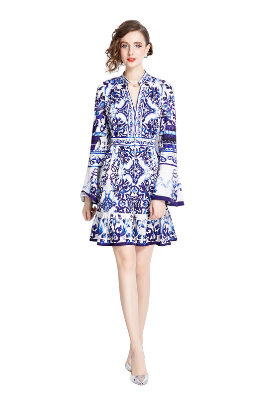BK-V-neck Bell Sleeve Button Up Casual Mini Dress - LAI MENG FIVE CATS