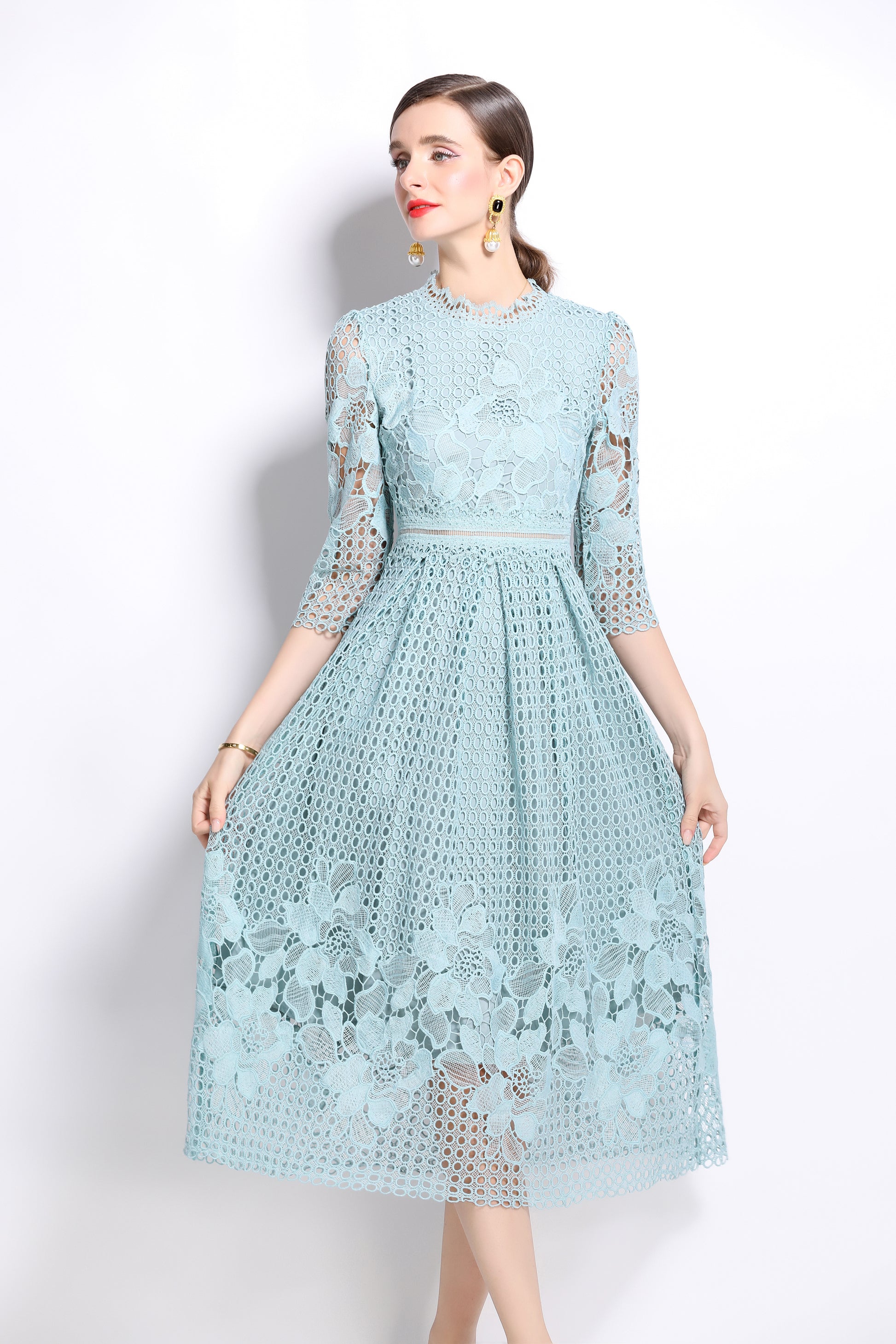 BK-Womens Floral Lace Hollow Crochet Waist Cocktail Dress - LAI MENG FIVE CATS