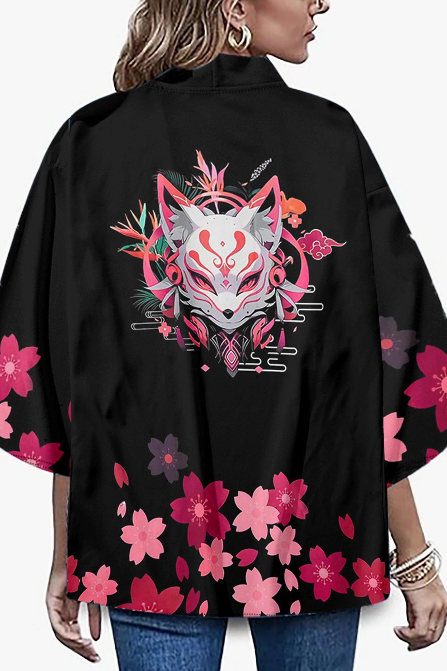 Women's Floral Print Puff Sleeve Japanese Kimono Tops