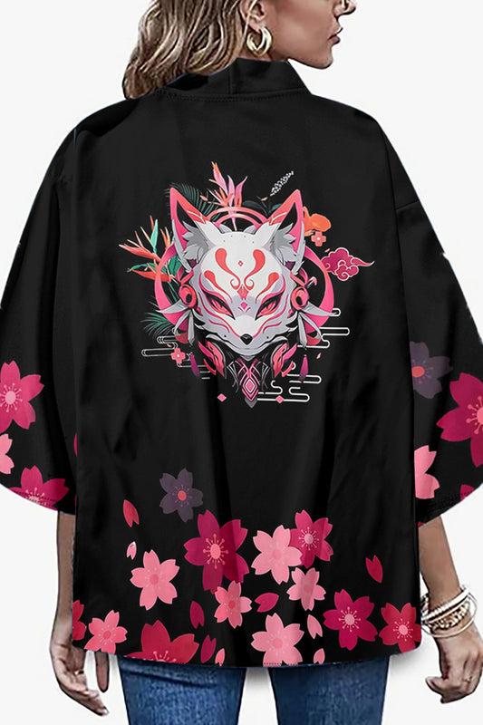 Women's Floral Print Puff Sleeve Japanese Kimono Tops