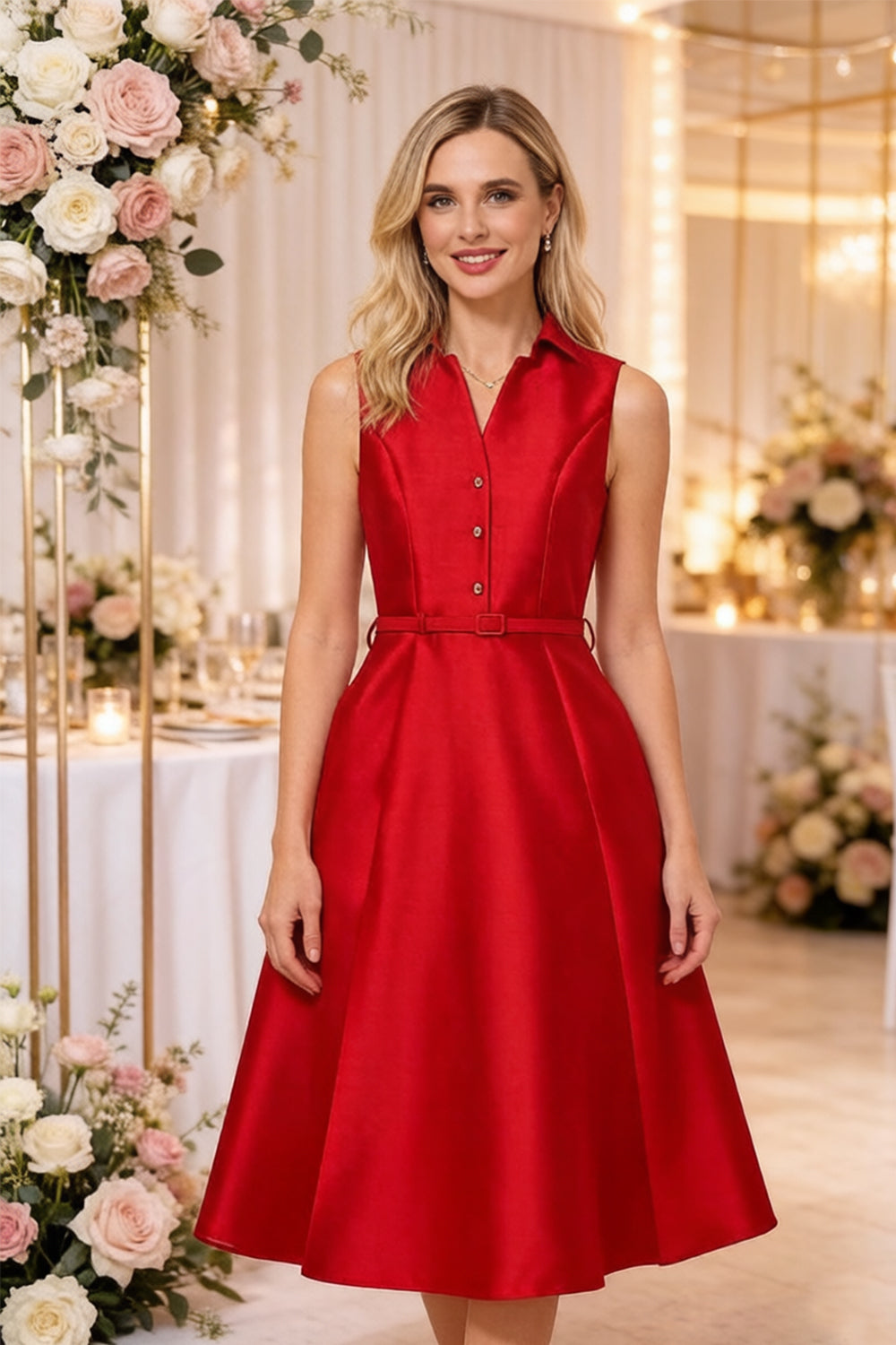 Elegant Red Fit & Flare Midi Dress with Belt & Pockets LAI MENG FIVE CATS Elegant Red Fit & Flare Midi Dress with Belt & Pockets LAI MENG FIVE CATS
