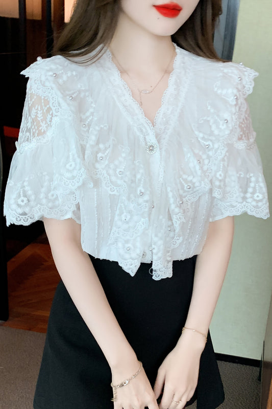 V-neck Lace Panel Ruffled Embroidered Blouse