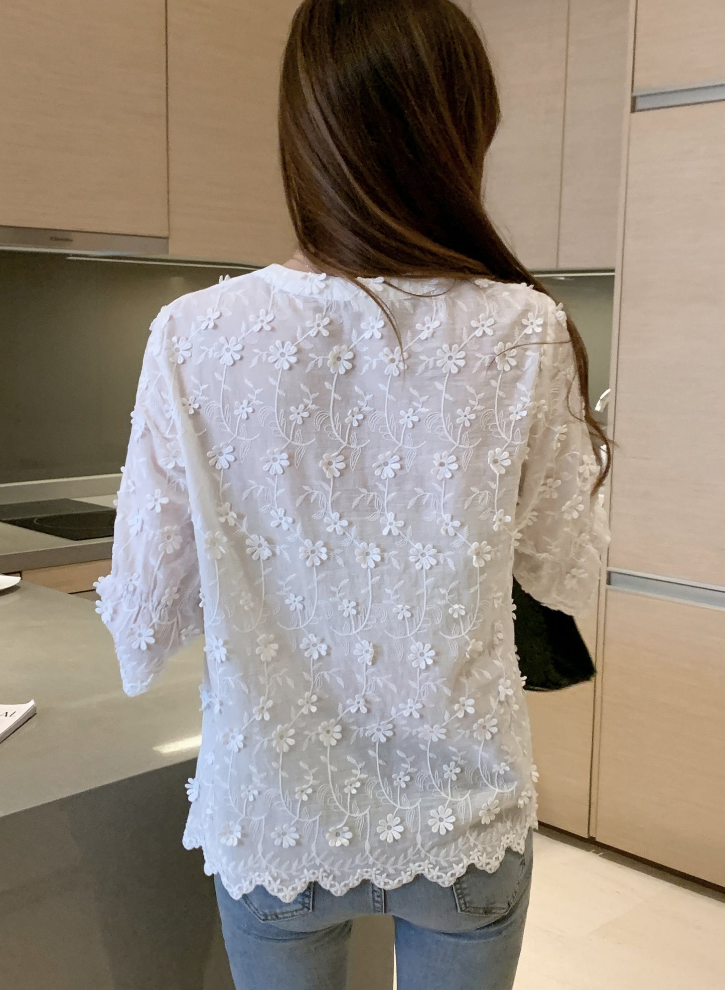 Floral Embroidered V-Neck Bell Sleeve Blouse
