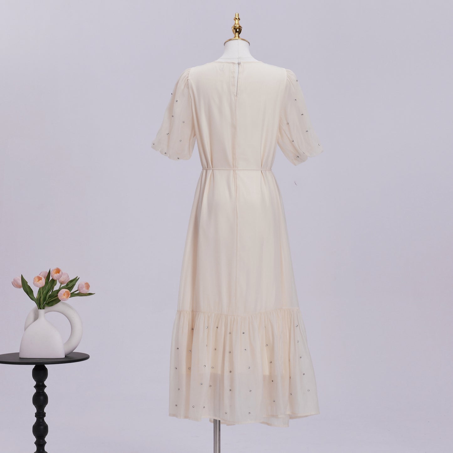Women's Beaded Ruffled Puff Sleeve Maxi Dress