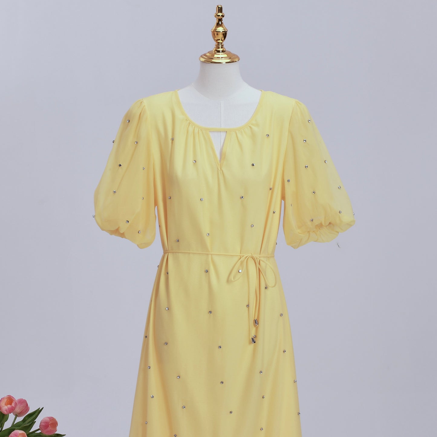 Women's Beaded Ruffled Puff Sleeve Maxi Dress