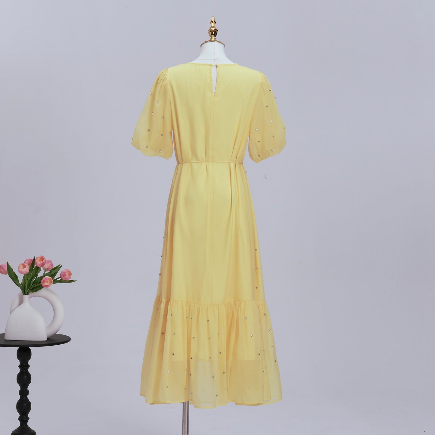 Women's Beaded Ruffled Puff Sleeve Maxi Dress