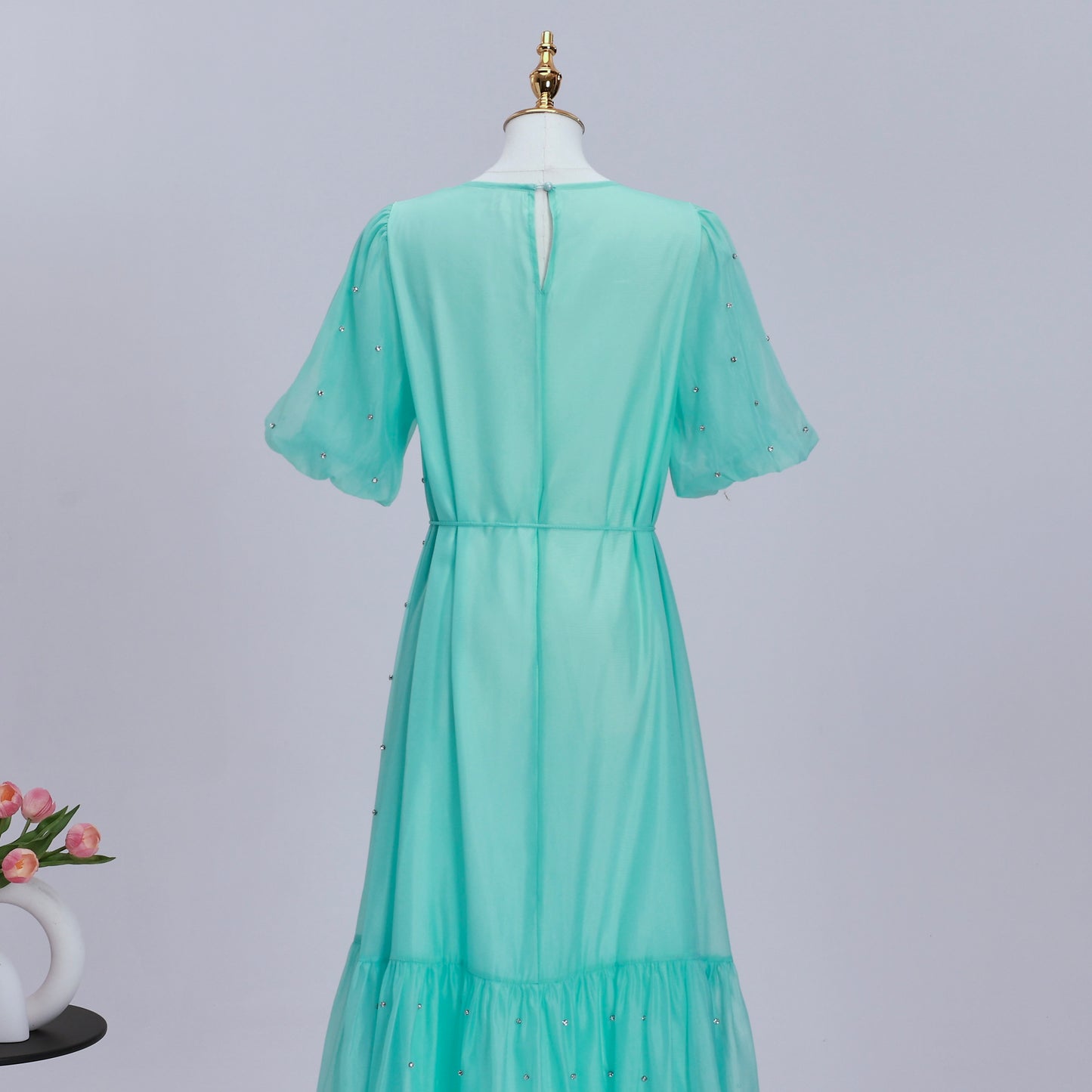 Women's Beaded Ruffled Puff Sleeve Maxi Dress