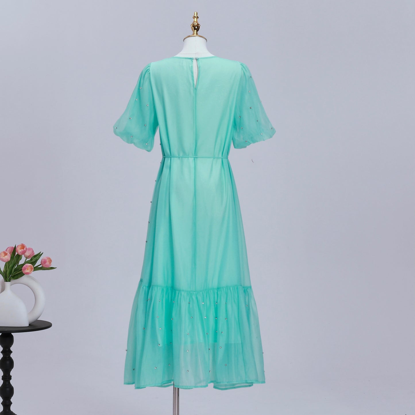 Women's Beaded Ruffled Puff Sleeve Maxi Dress