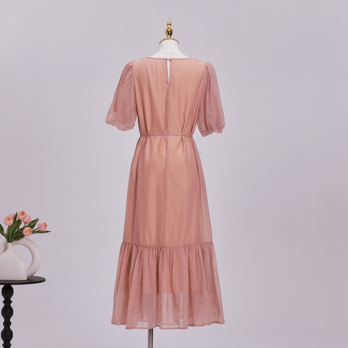 Women's Beaded Ruffled Puff Sleeve Maxi Dress