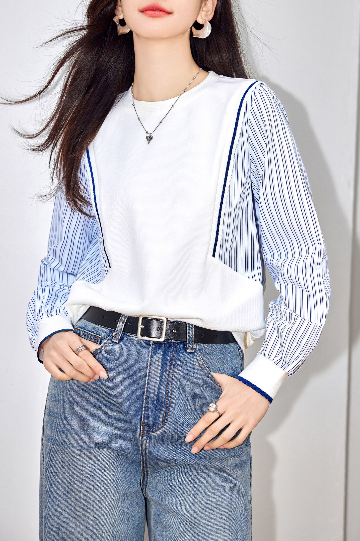 Women's Patchwork Shirt Long Sleeve Stripe Pullover Blouse Tops - LAI MENG FIVE CATS