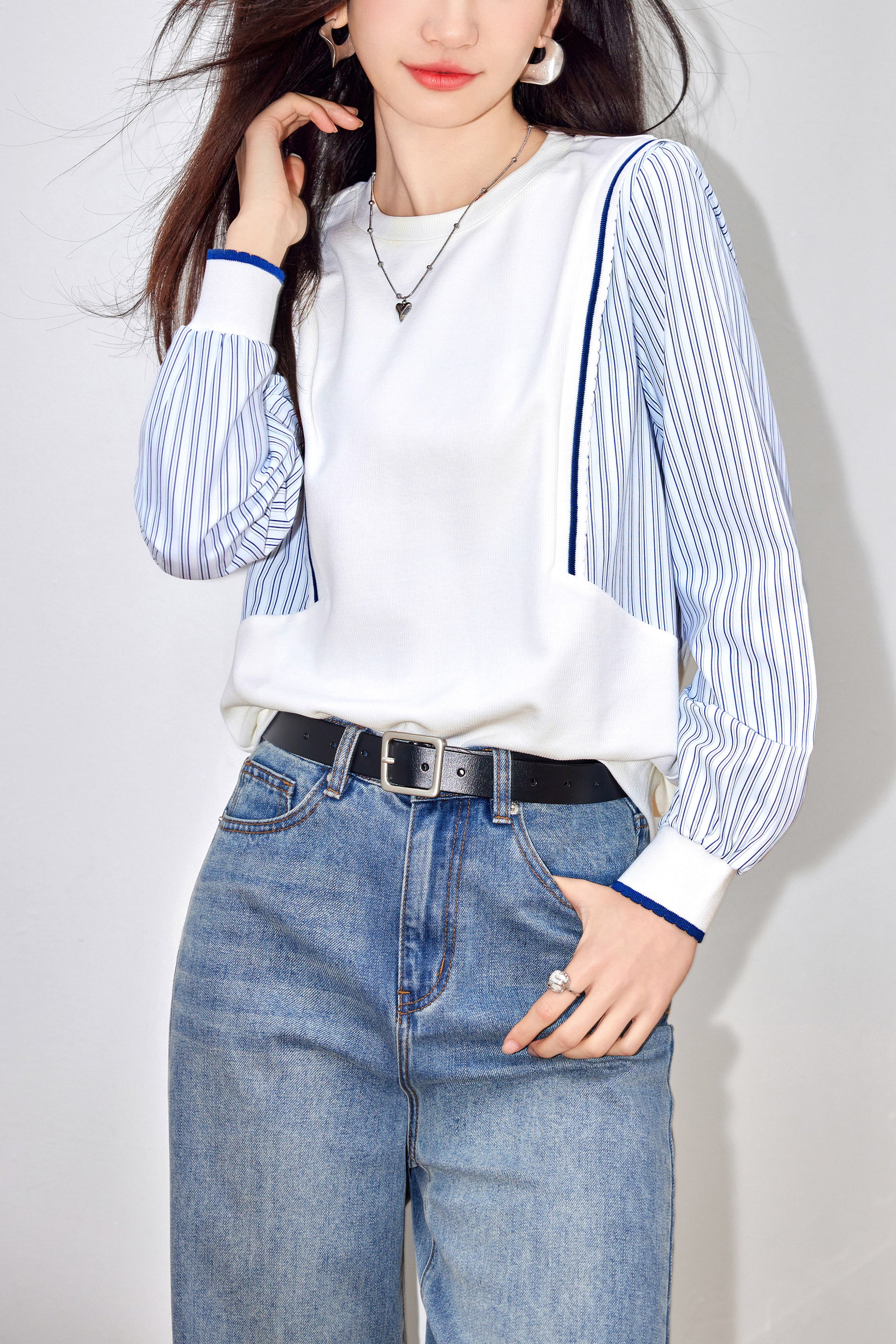 Women's Patchwork Shirt Long Sleeve Stripe Pullover Blouse Tops - LAI MENG FIVE CATS