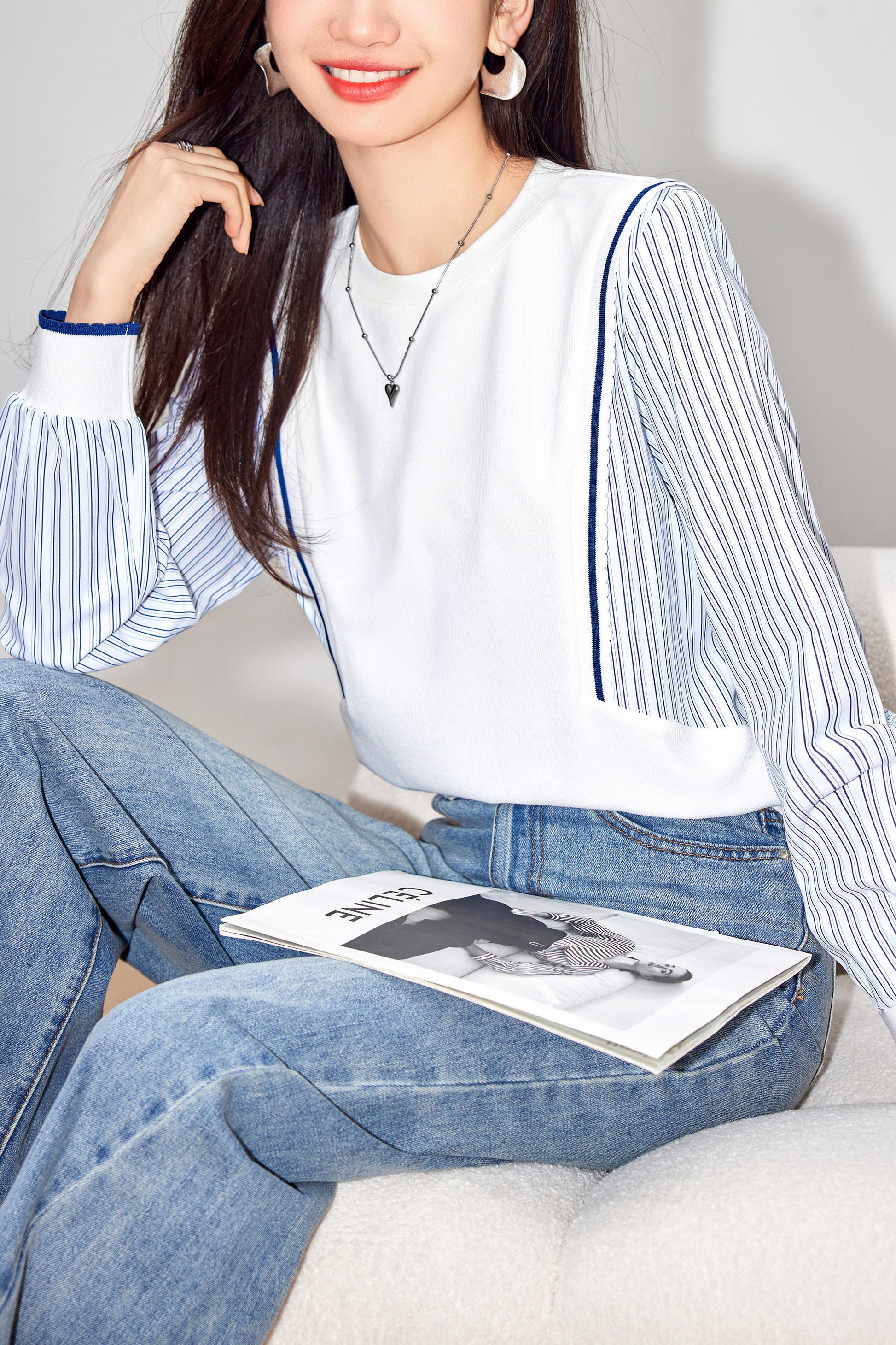 Women's Patchwork Shirt Long Sleeve Stripe Pullover Blouse Tops - LAI MENG FIVE CATS