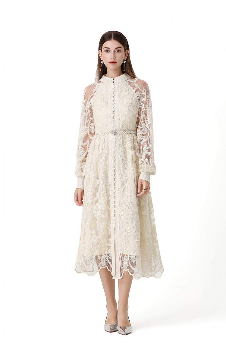Elegant Floral Lace Maxi Dress with Pearl Belt - LAI MENG FIVE CATS