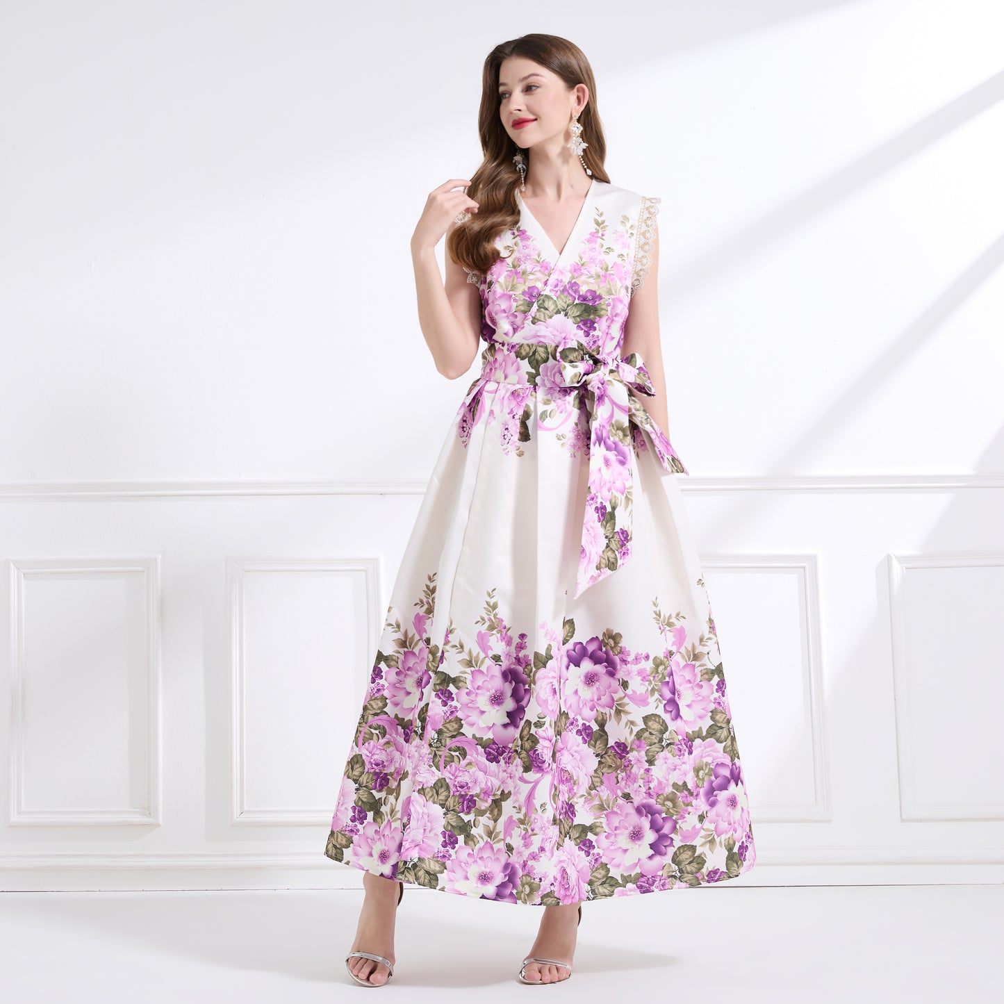 Women's Wrap Floral V-Neck Lace Maxi Dress