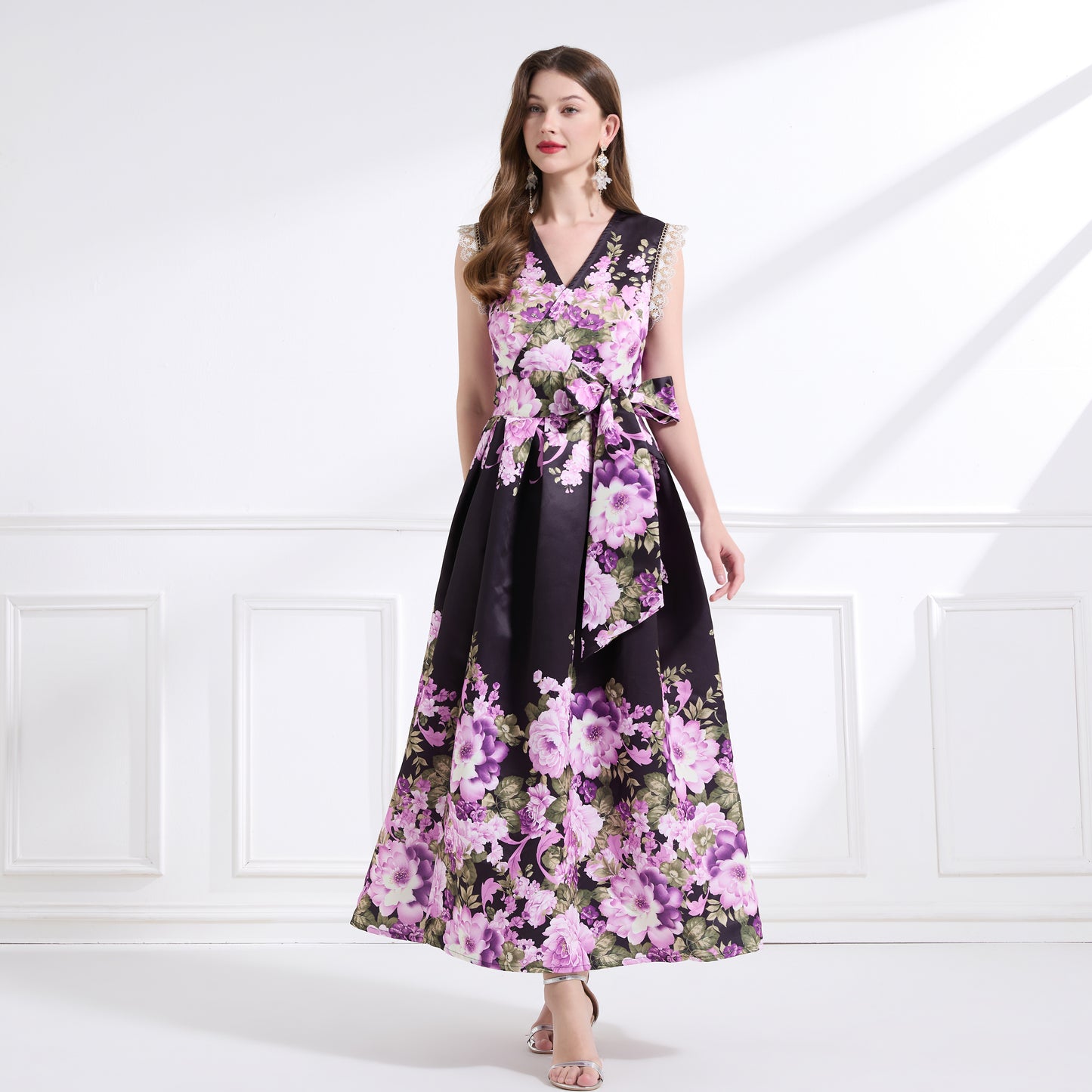 Women's Wrap Floral V-Neck Lace Maxi Dress