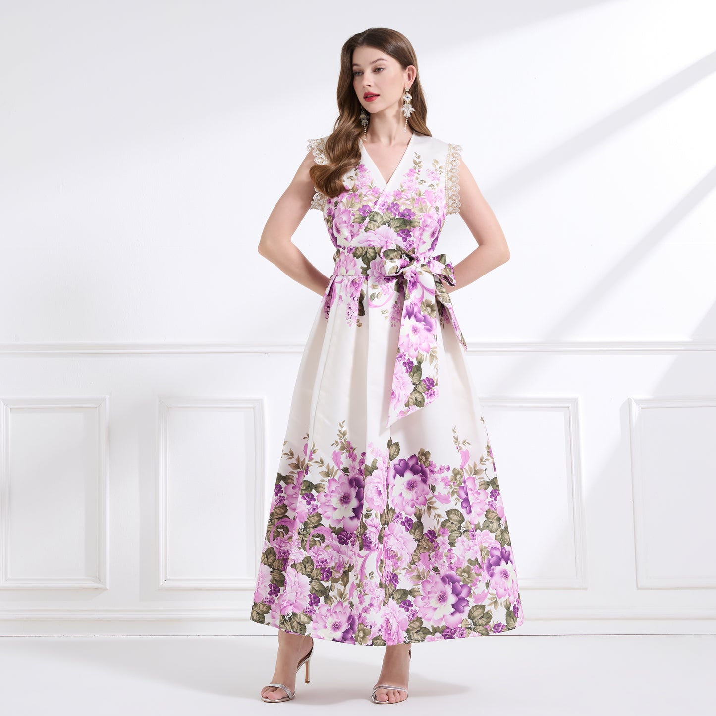 Women's Wrap Floral V-Neck Lace Maxi Dress