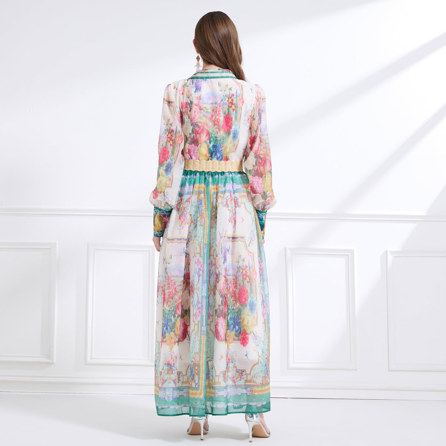Women's Floral Print V Neck Puff Sleeve Maxi Dress