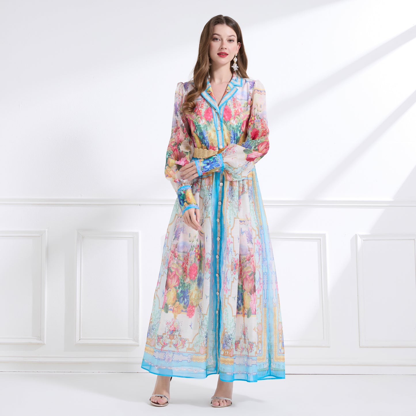 Women's Floral Print V Neck Puff Sleeve Maxi Dress