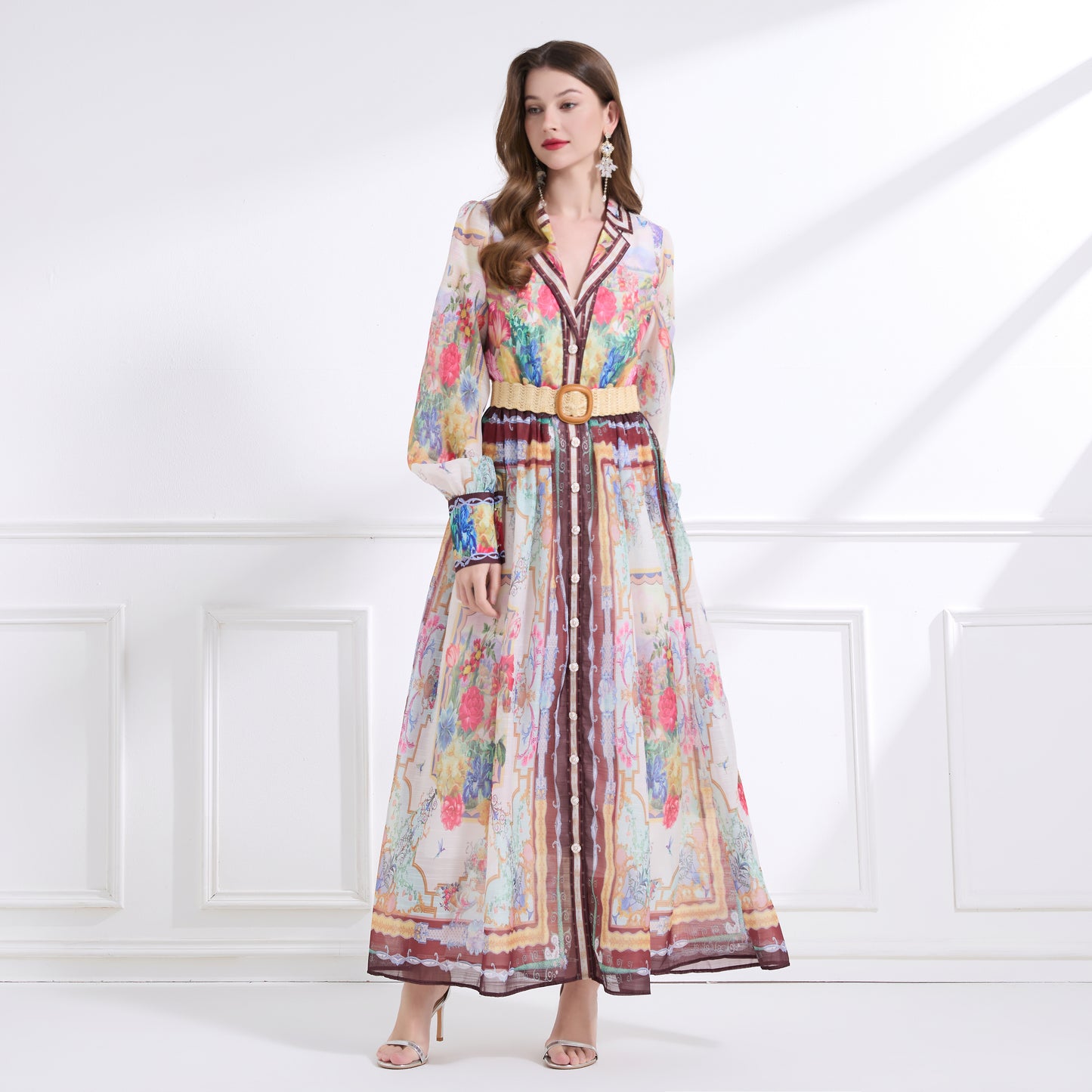 Women's Floral Print V Neck Puff Sleeve Maxi Dress