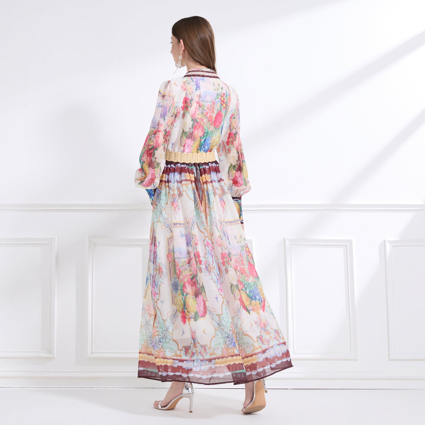 Women's Floral Print V Neck Puff Sleeve Maxi Dress