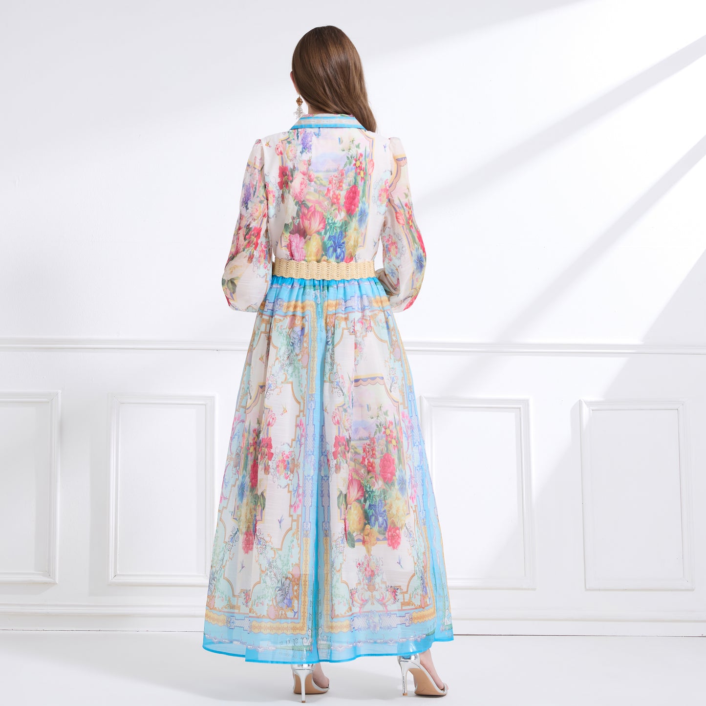 Women's Floral Print V Neck Puff Sleeve Maxi Dress
