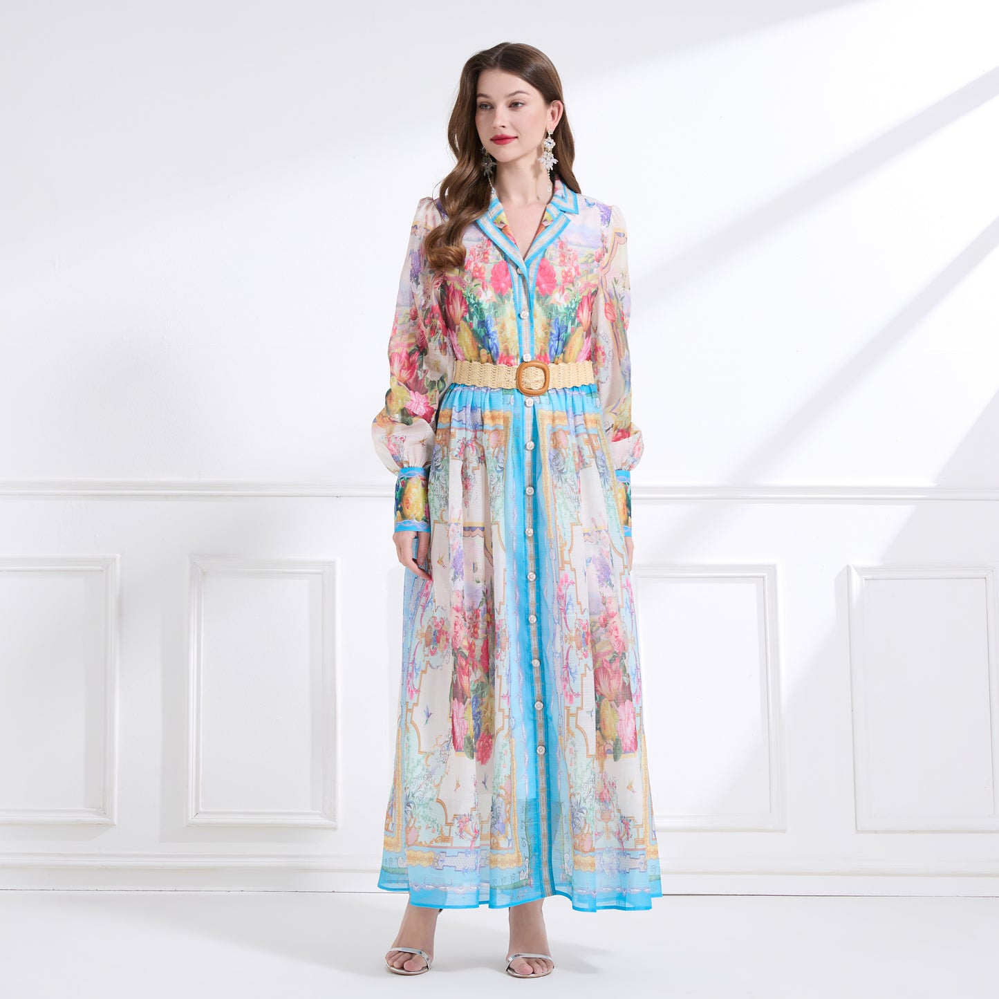 Women's Floral Print V Neck Puff Sleeve Maxi Dress