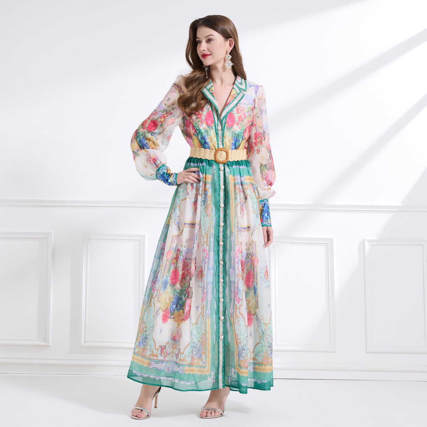 Women's Floral Print V Neck Puff Sleeve Maxi Dress