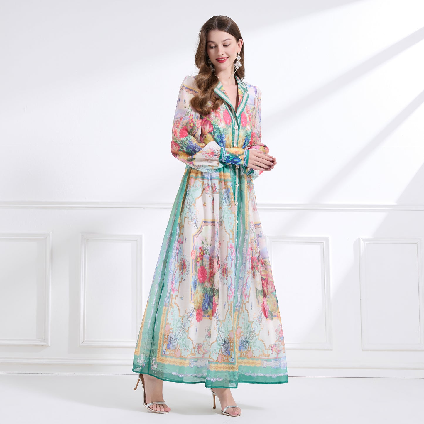 Women's Floral Print V Neck Puff Sleeve Maxi Dress