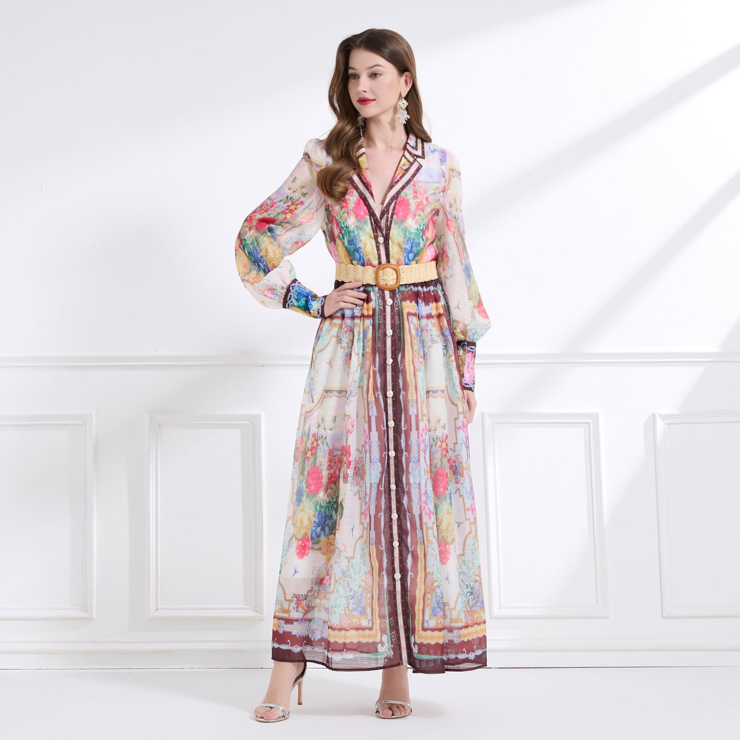 Women's Floral Print V Neck Puff Sleeve Maxi Dress