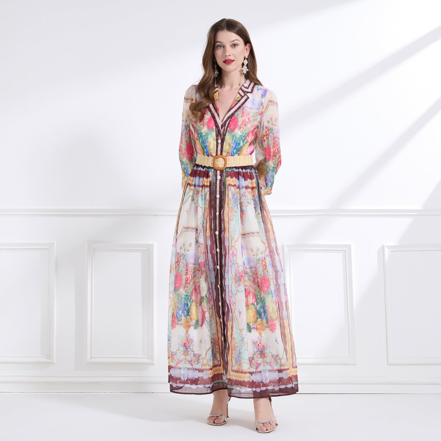 Women's Floral Print V Neck Puff Sleeve Maxi Dress