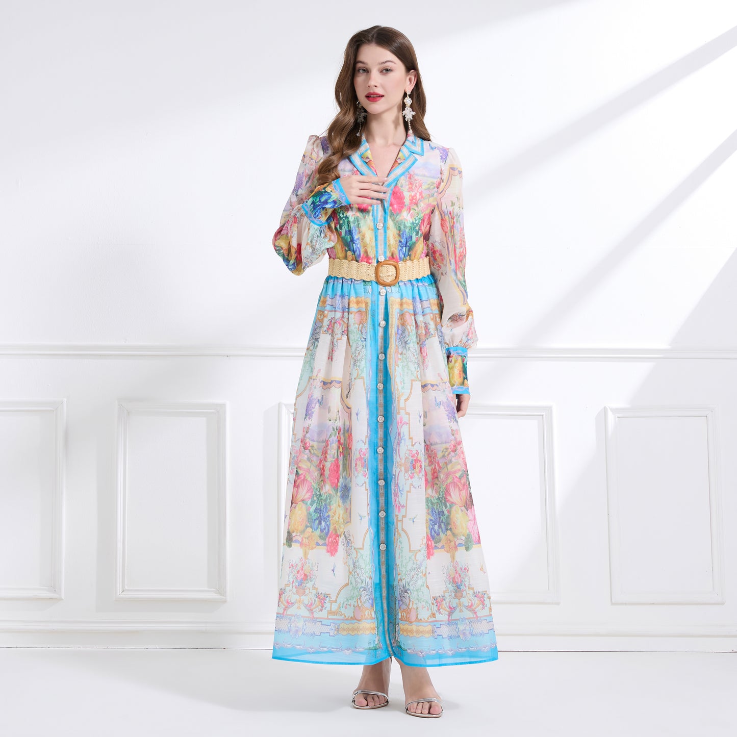 Women's Floral Print V Neck Puff Sleeve Maxi Dress