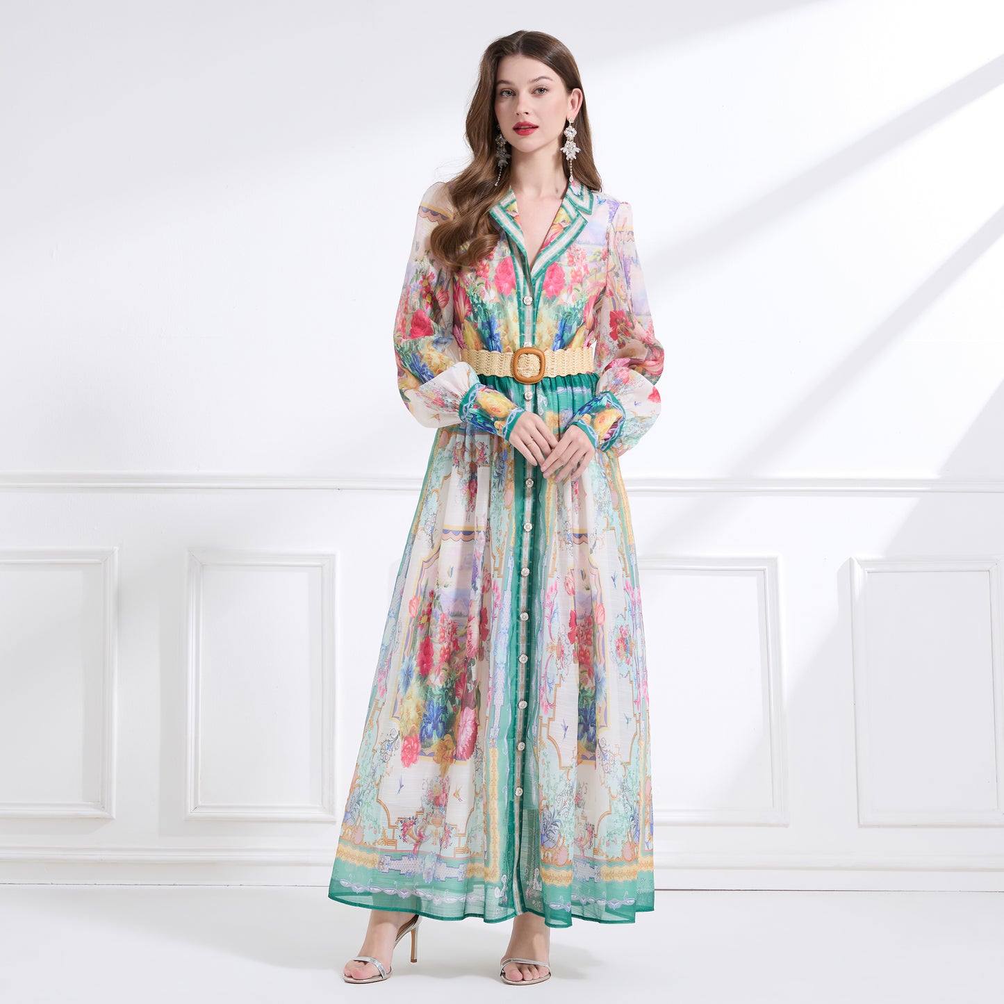 Women's Floral Print V Neck Puff Sleeve Maxi Dress