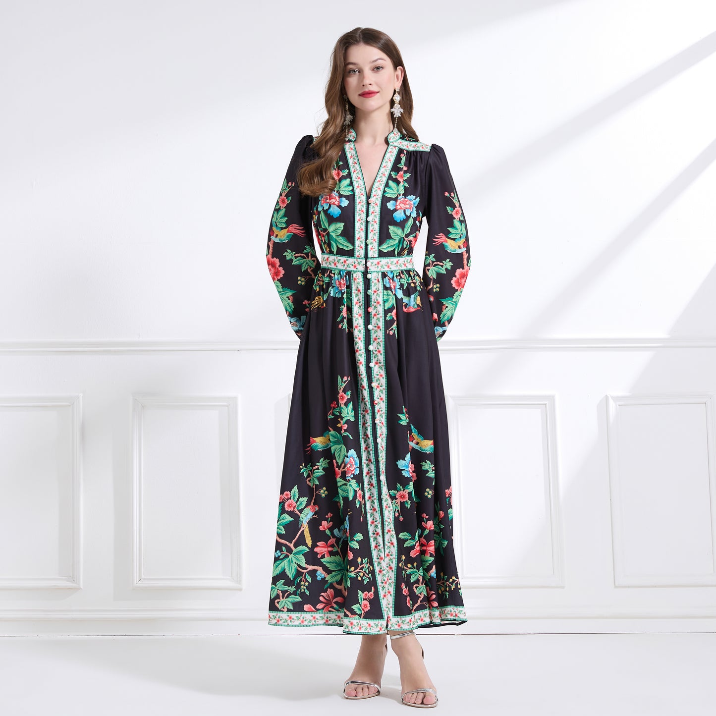 Women's Floral Print V-Neck Slit Maxi Dress