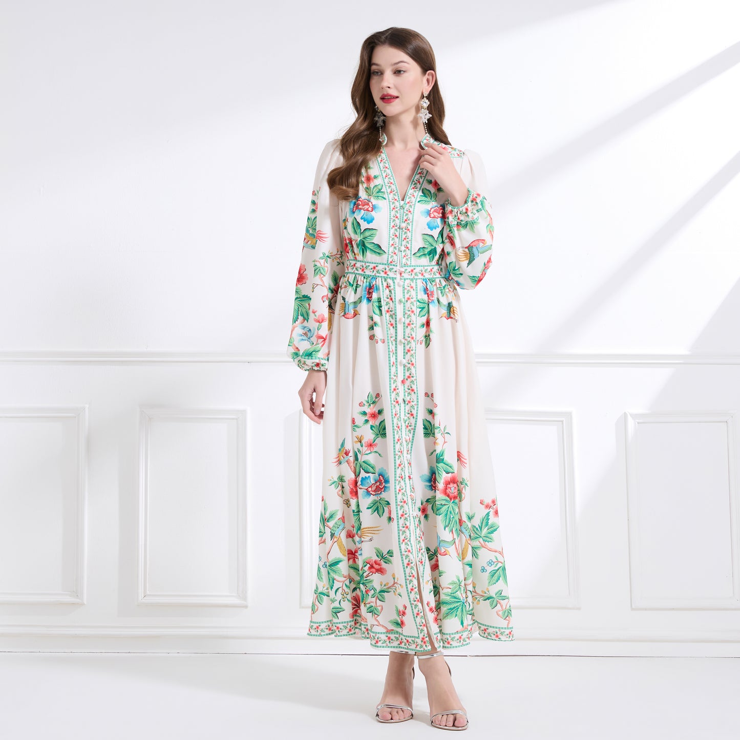 Women's Floral Print V-Neck Slit Maxi Dress