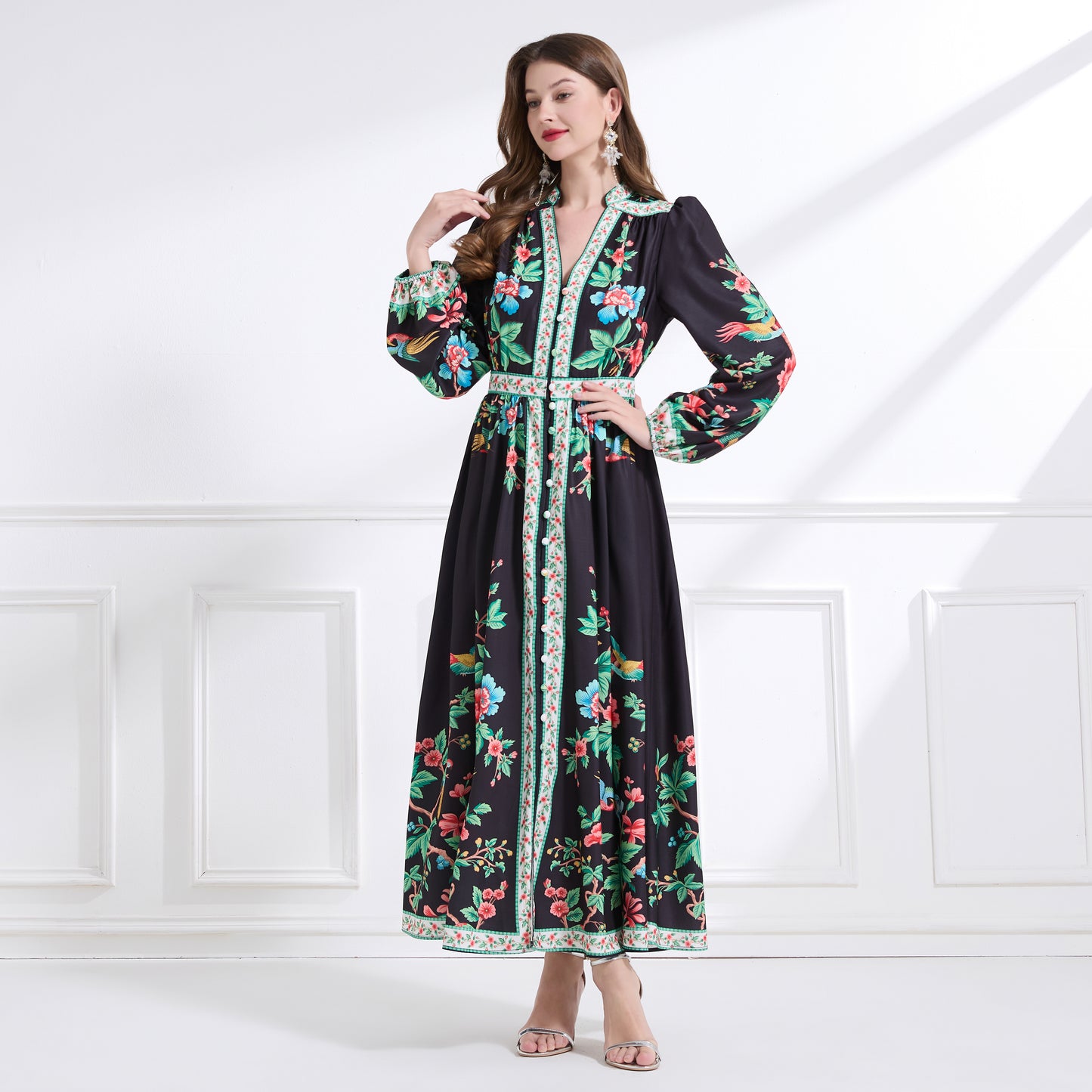 Women's Floral Print V-Neck Slit Maxi Dress