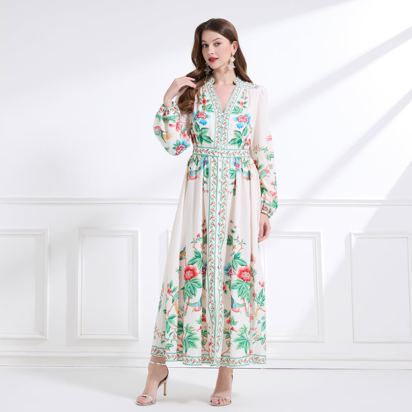 Women's Floral Print V-Neck Slit Maxi Dress