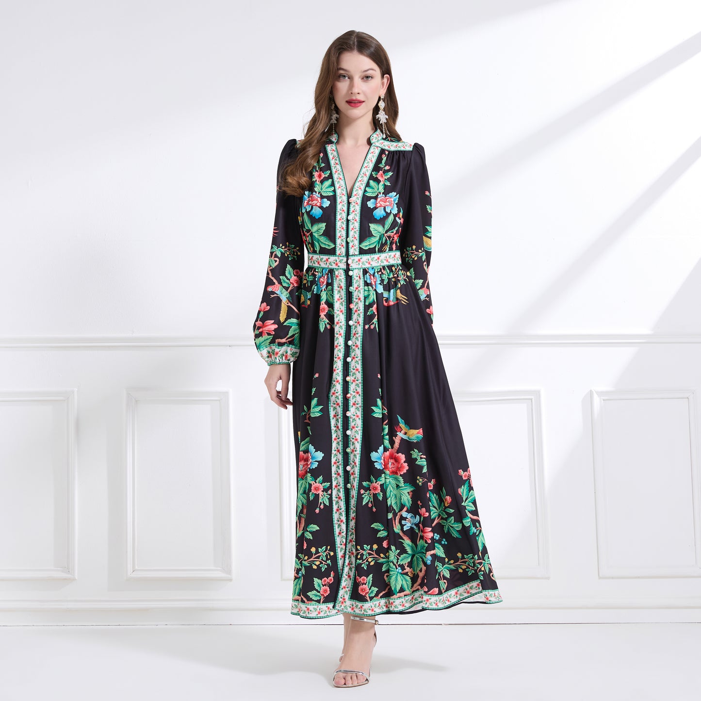 Women's Floral Print V-Neck Slit Maxi Dress