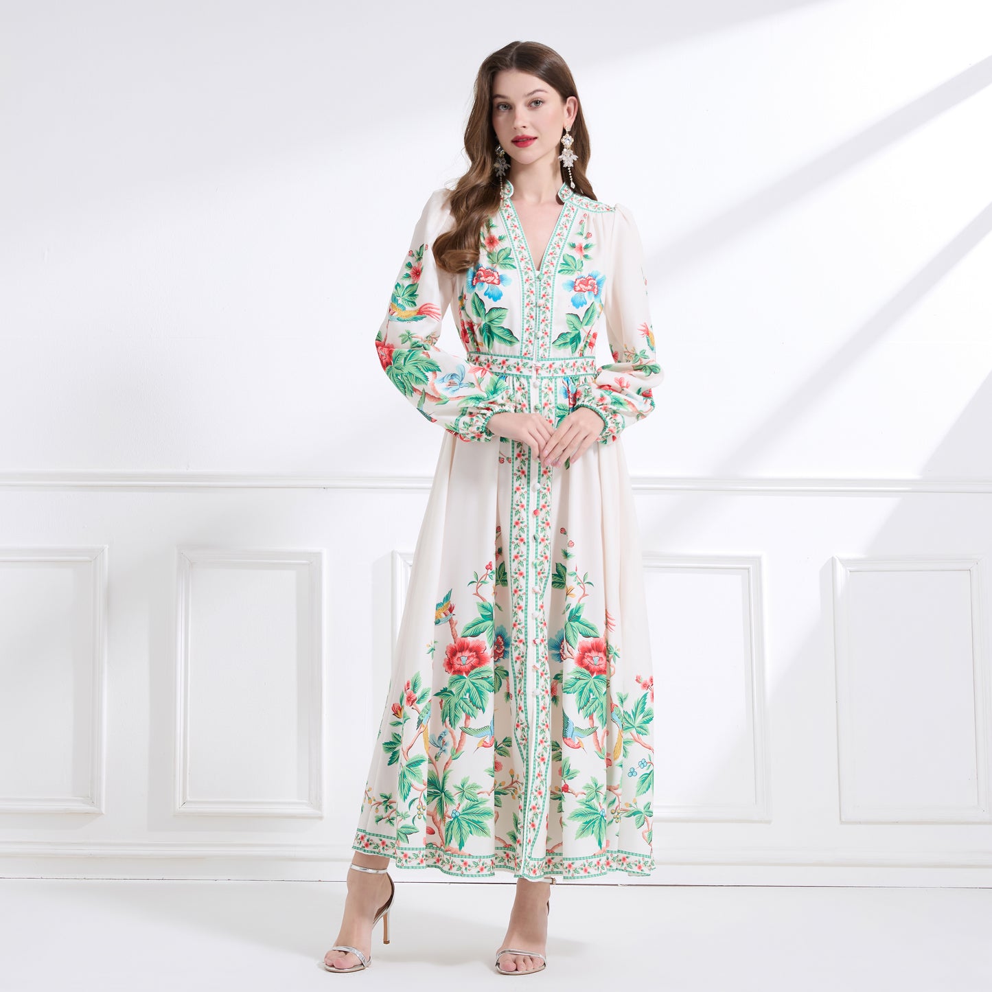 Women's Floral Print V-Neck Slit Maxi Dress