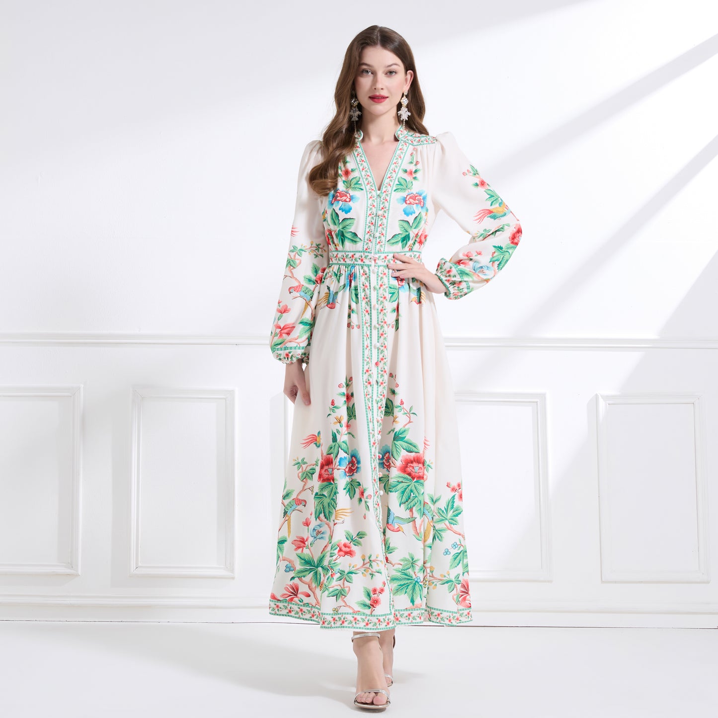 Women's Floral Print V-Neck Slit Maxi Dress
