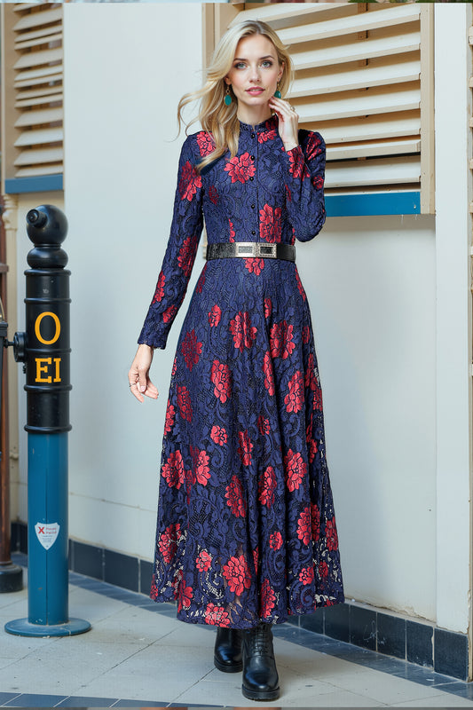 BK-Lace Floral Cocktail Evening Wedding Guest Party Maxi Dress - LAI MENG FIVE CATS
