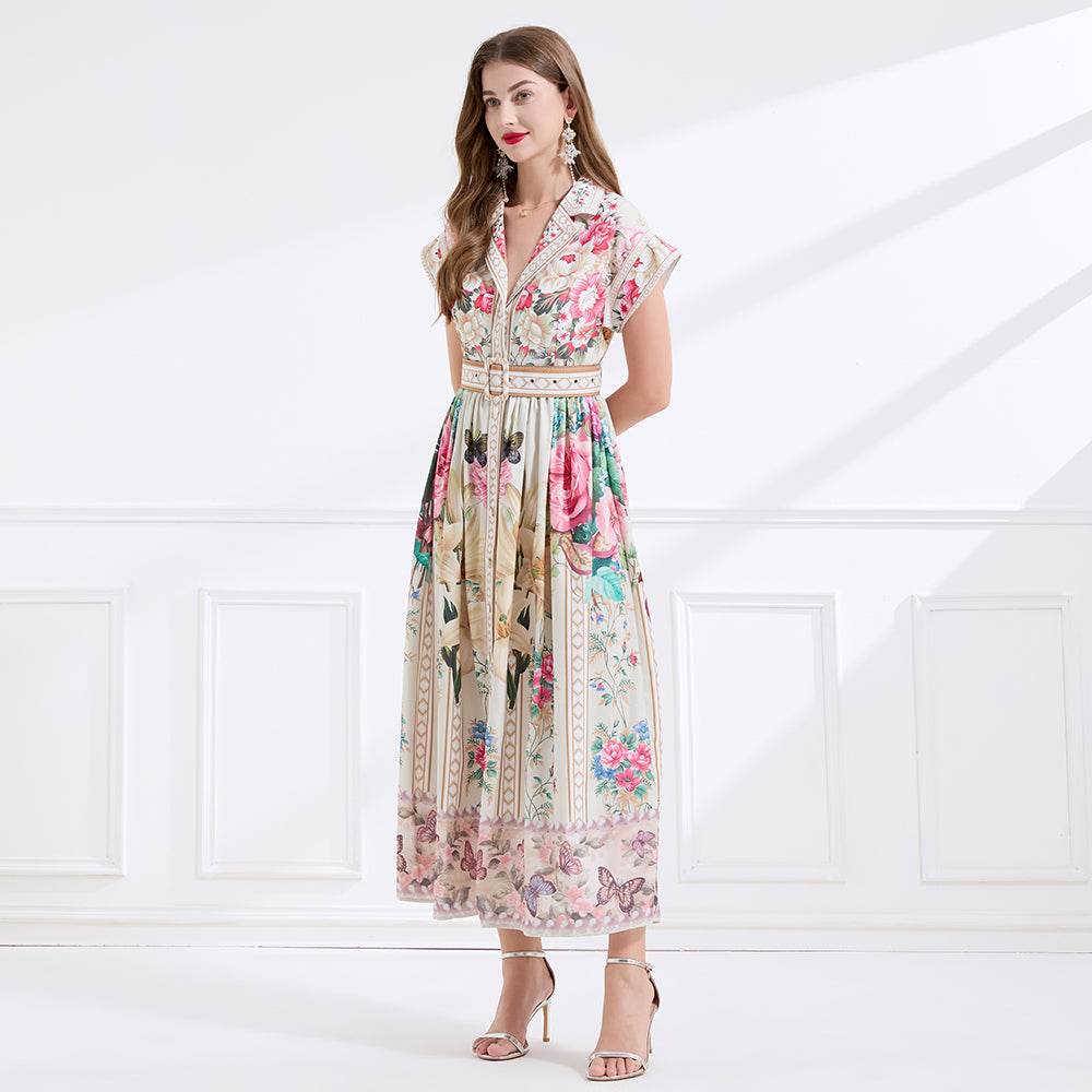 Women's Lapel V-Neck Floral Print Maxi Dress