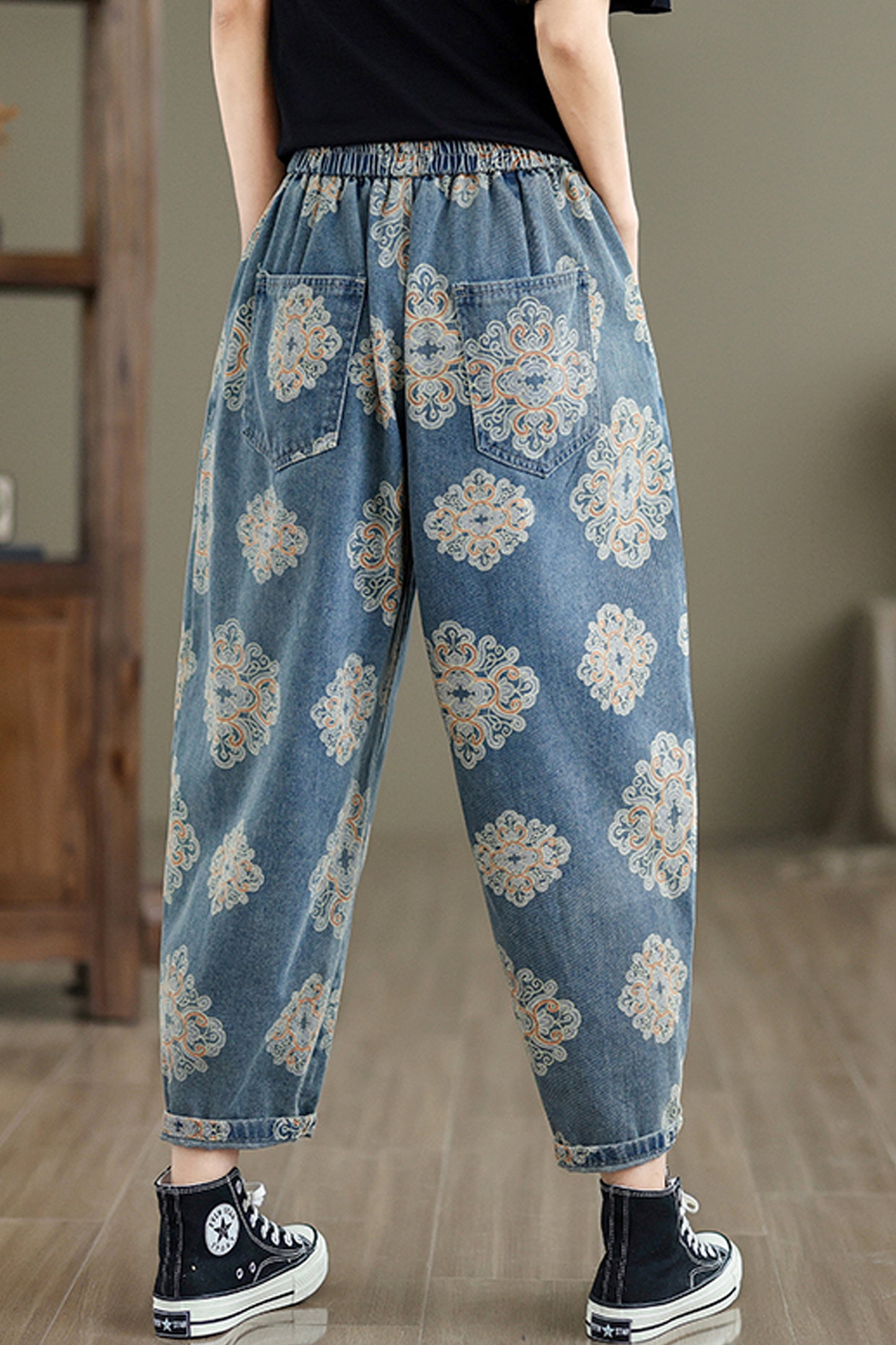 Women's Baggy Jeans Pattern Elastic Waist Casual Harem Pants With Pockets - LAI MENG FIVE CATS