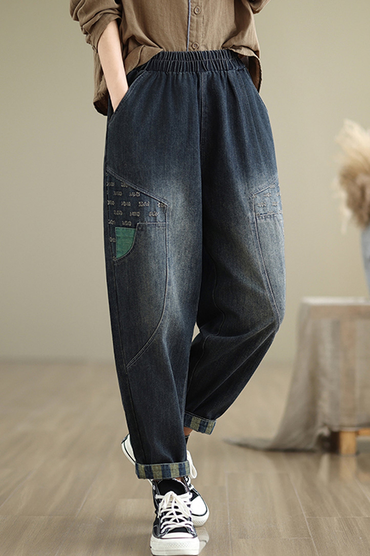 Women's Baggy Jeans Pattern Elastic Waist Casual Harem Pants With Pockets - LAI MENG FIVE CATS