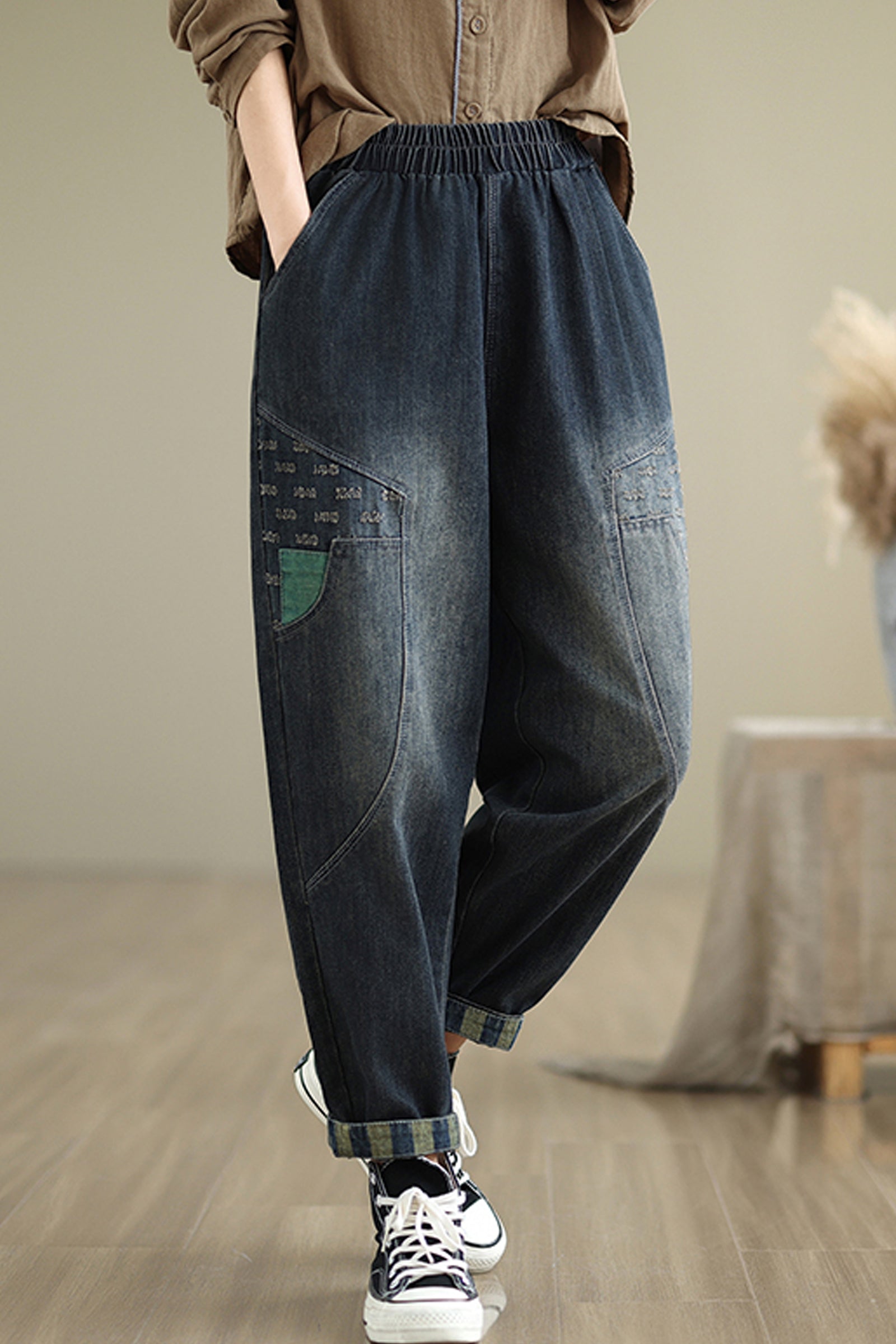 Women's Baggy Jeans Pattern Elastic Waist Casual Harem Pants With Pockets - LAI MENG FIVE CATS