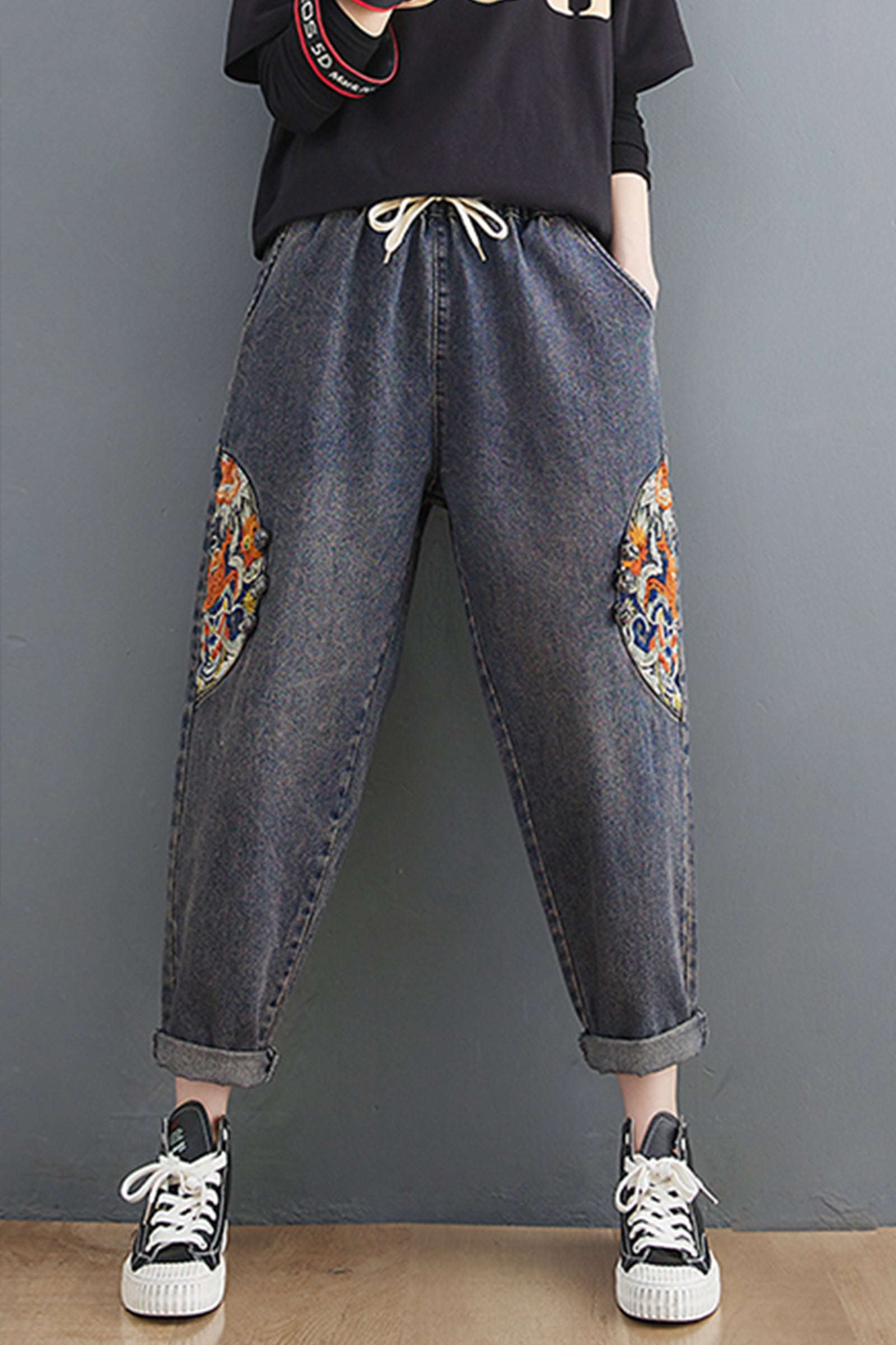 Women's Jeans Pattern Elastic Waist Casual Harem Pants With Pockets - LAI MENG FIVE CATS