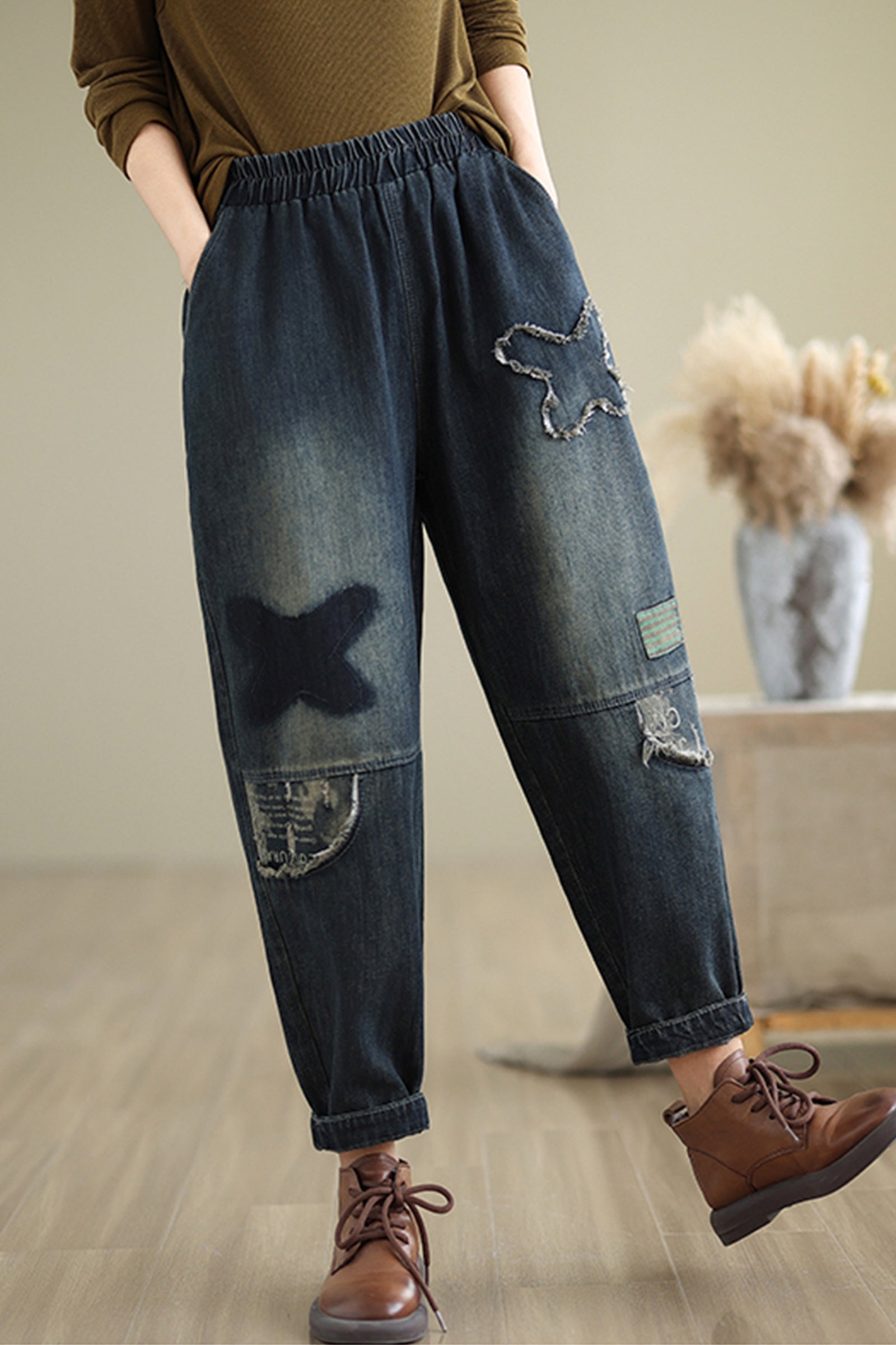 Women's Baggy Jeans Pattern Elastic Waist Casual Harem Pants - LAI MENG FIVE CATS